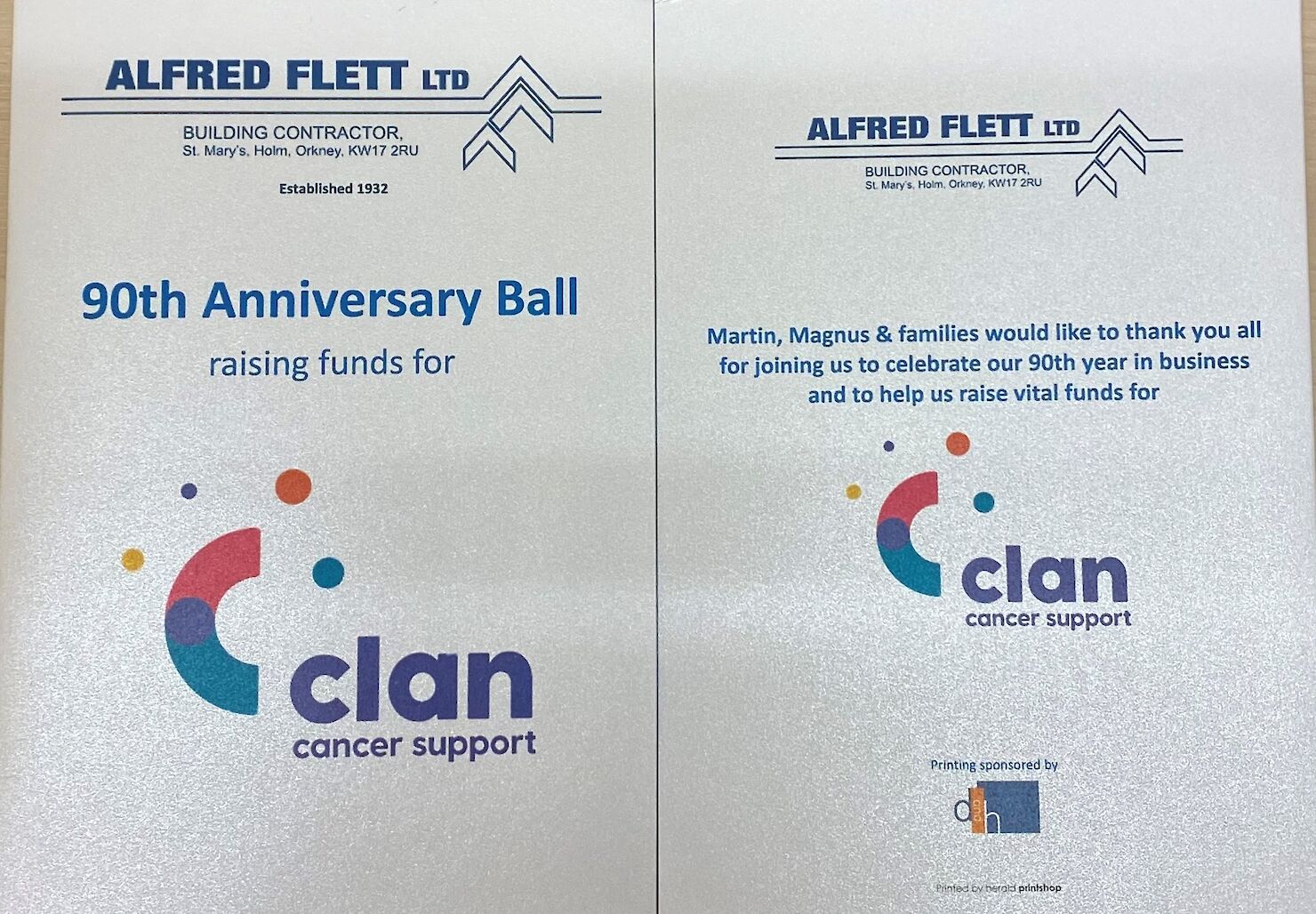 Printed pages of the charity ball leaflet which states &lsquo;90th Anniversary Ball raising funds for Clan Cancer Support&rsquo;